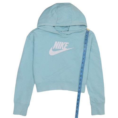 Close-up detail of Nike girls’ blue pullover hoodie large cotton blend sweatshirt