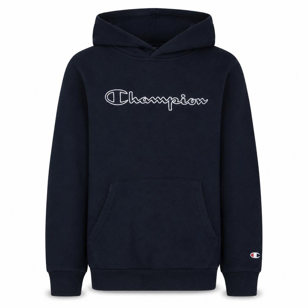 Front view of Champion boys’ black pullover hoodie xl 13-14 years fleece logo sweatshirt