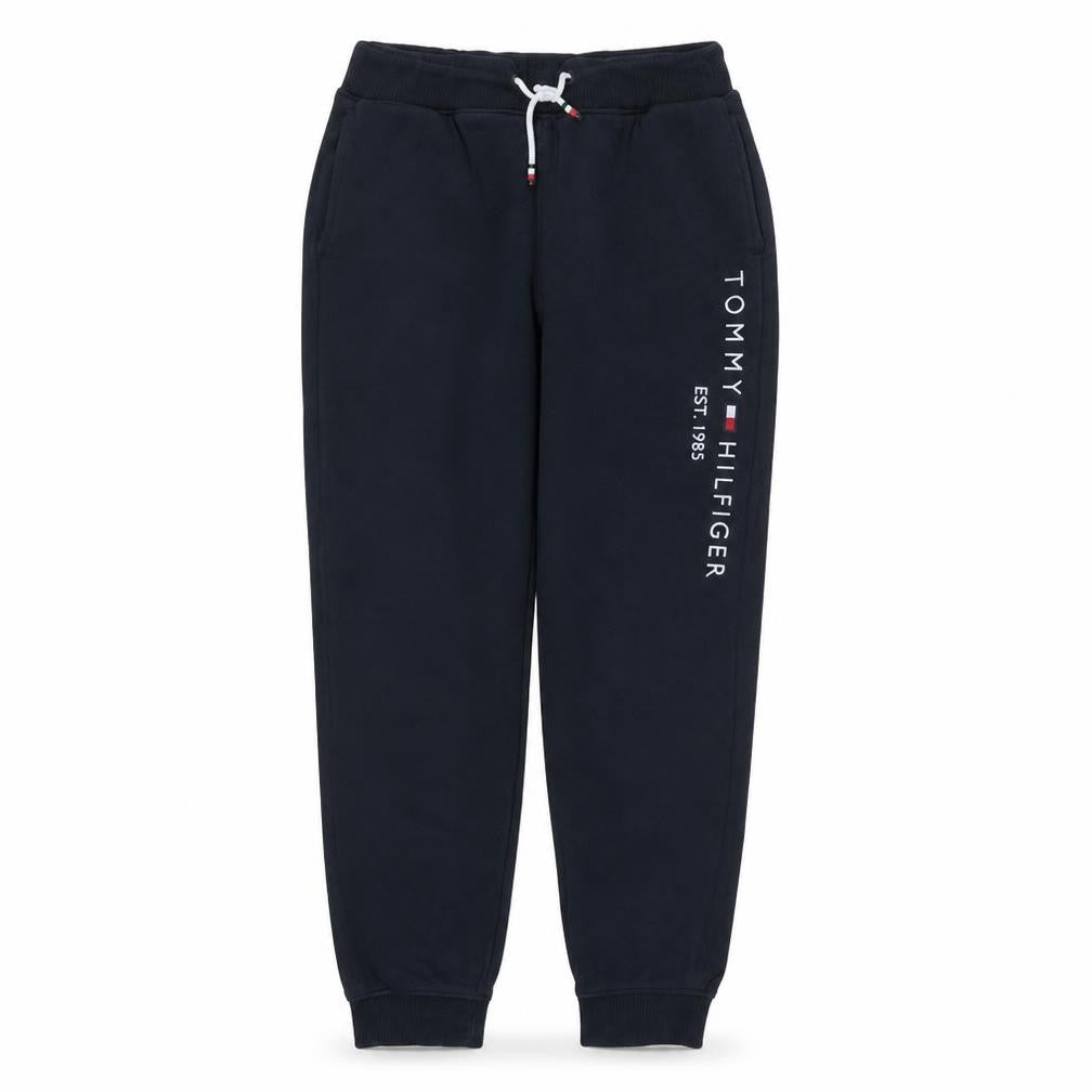 Front view of Tommy Hilfiger boys’ black jogger trousers, size 176, fleece lined sweatpants