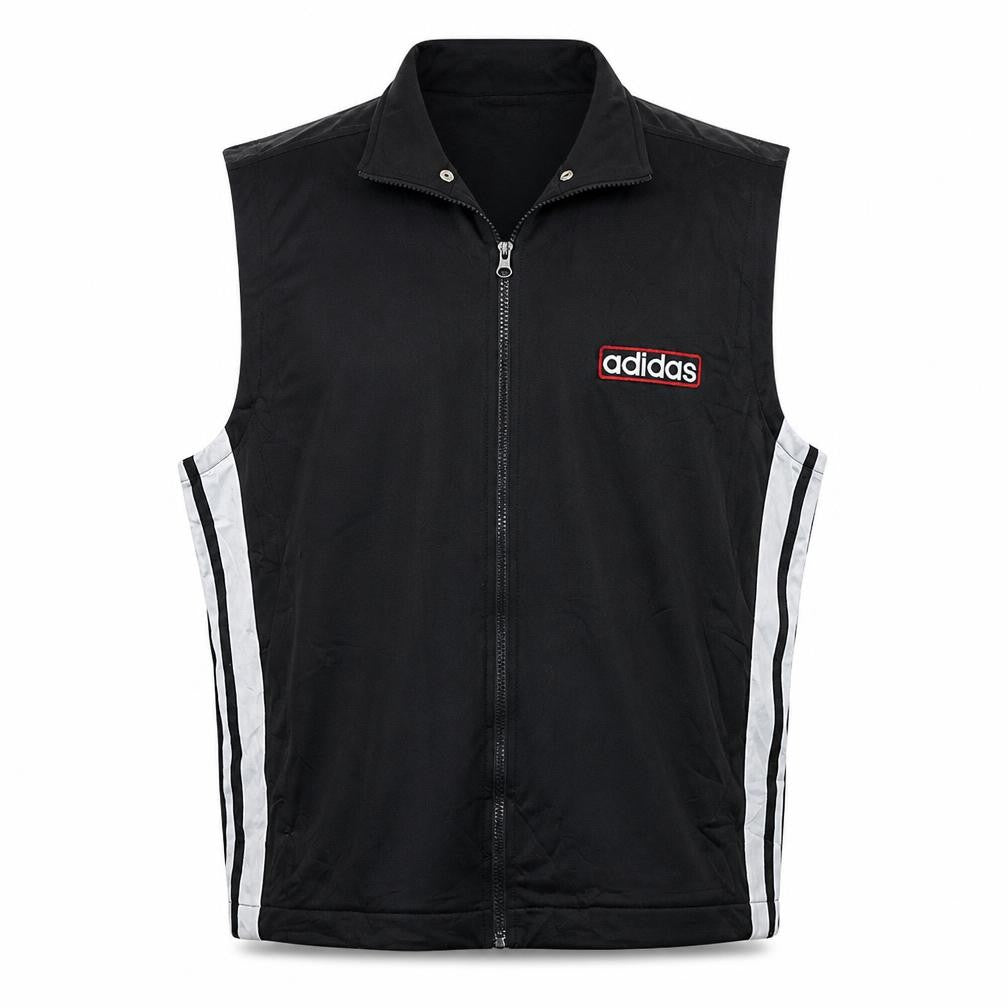 Front view of Adidas Men's Black Sleeveless Track Jacket, size 40, Regular Fit
