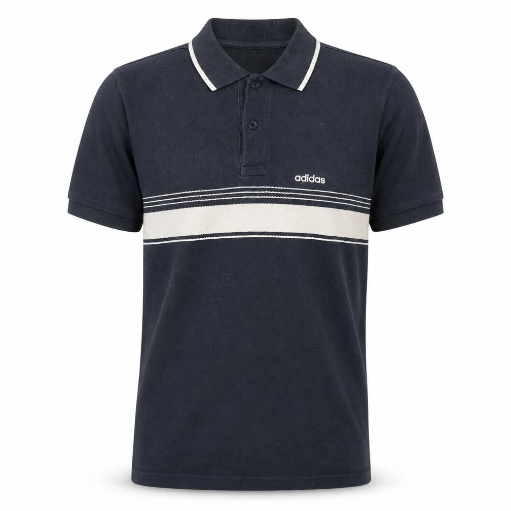 Front view of Adidas Men's Blue Striped Polo Shirt, size M, Regular Fit