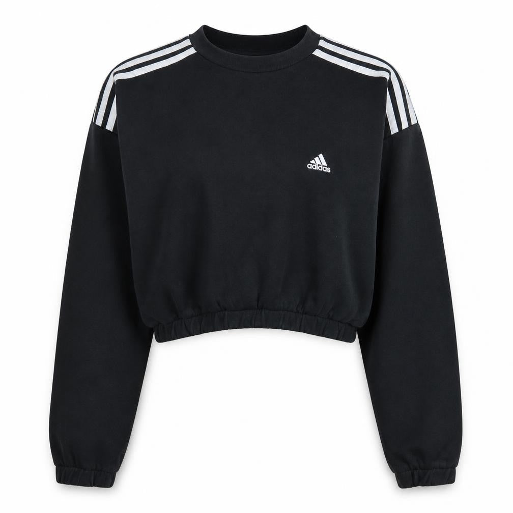 Front view of Adidas Women's Black Cropped Sweatshirt, size M, Crew Neck Logo