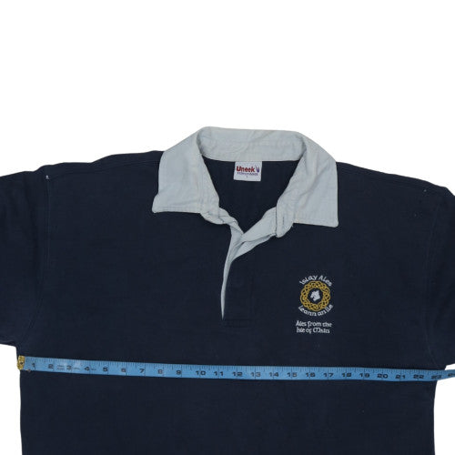 Uneek Men's Blue Rugby Polo Shirt L Embroidered Logo Cotton