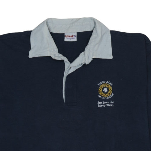 Uneek Men's Blue Rugby Polo Shirt L Embroidered Logo Cotton