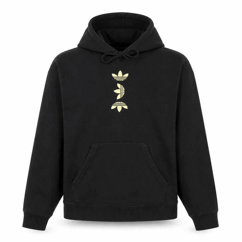 Front view of Adidas women’s black, size UK 6, pullover hoodie with gold logo