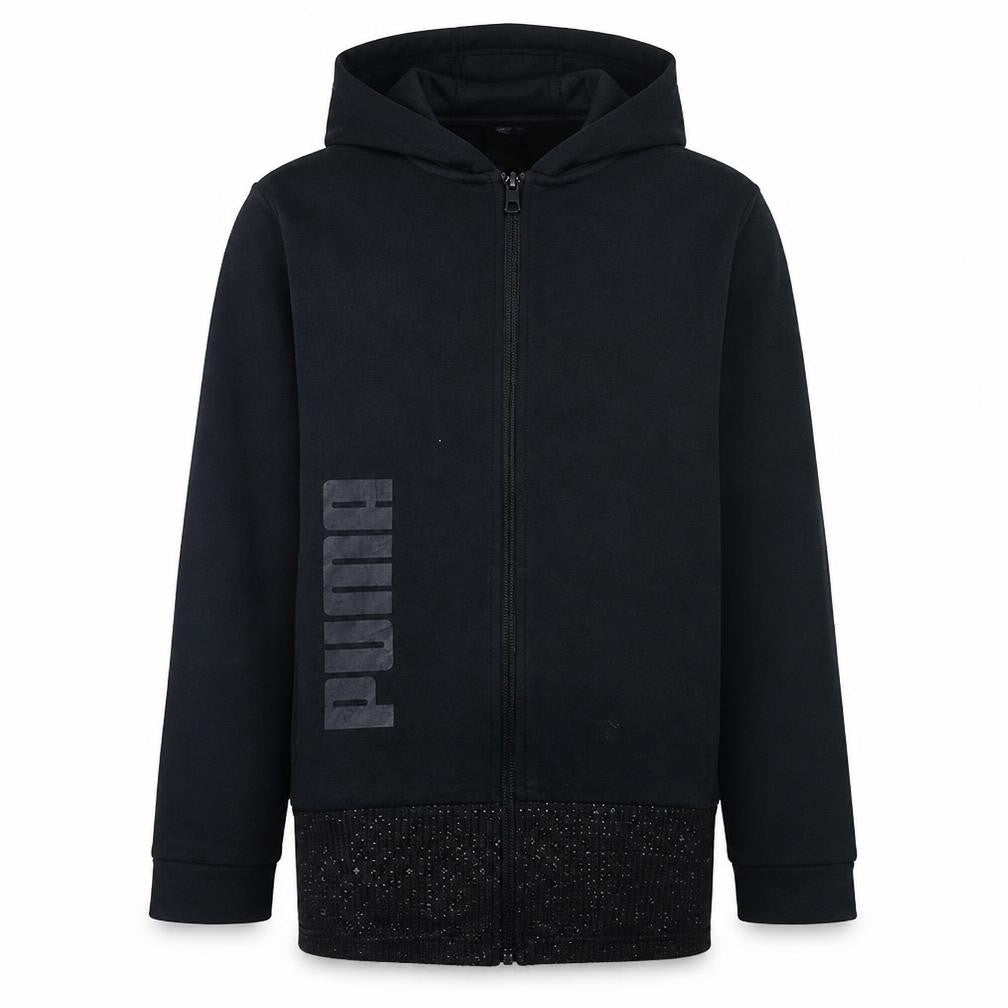 Front view of Puma boys’ black full zip hoodie fleece xl 13-14 years comfortable casual