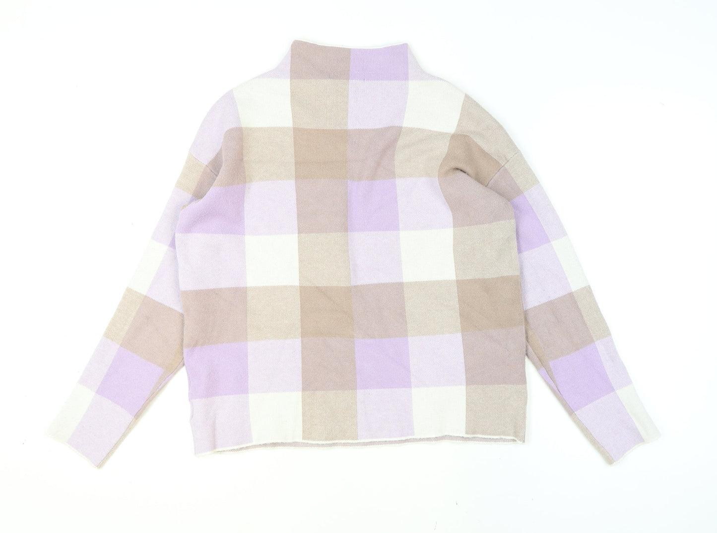 Tahari Women's Beige & Lilac Checked Mock Neck Knit Jumper Size M