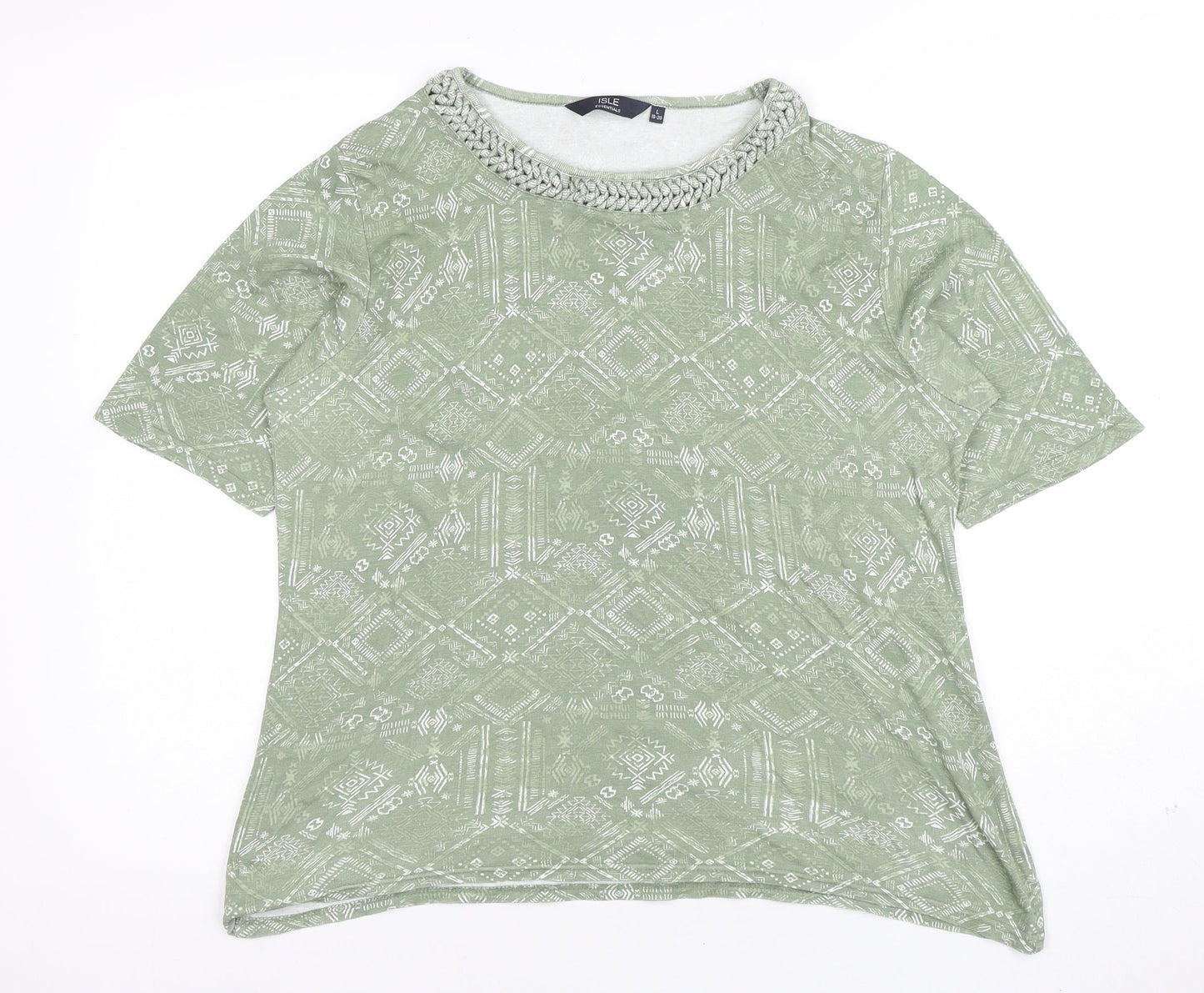 Isle Essentials Women's Green Geometric Cotton Short Sleeve T-Shirt Size 18