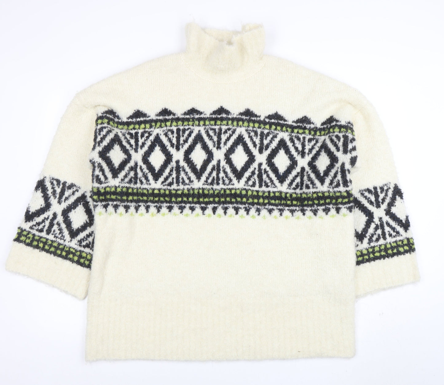 Next Women’s Ivory Geometric Roll Neck Chunky Knit Jumper Size L