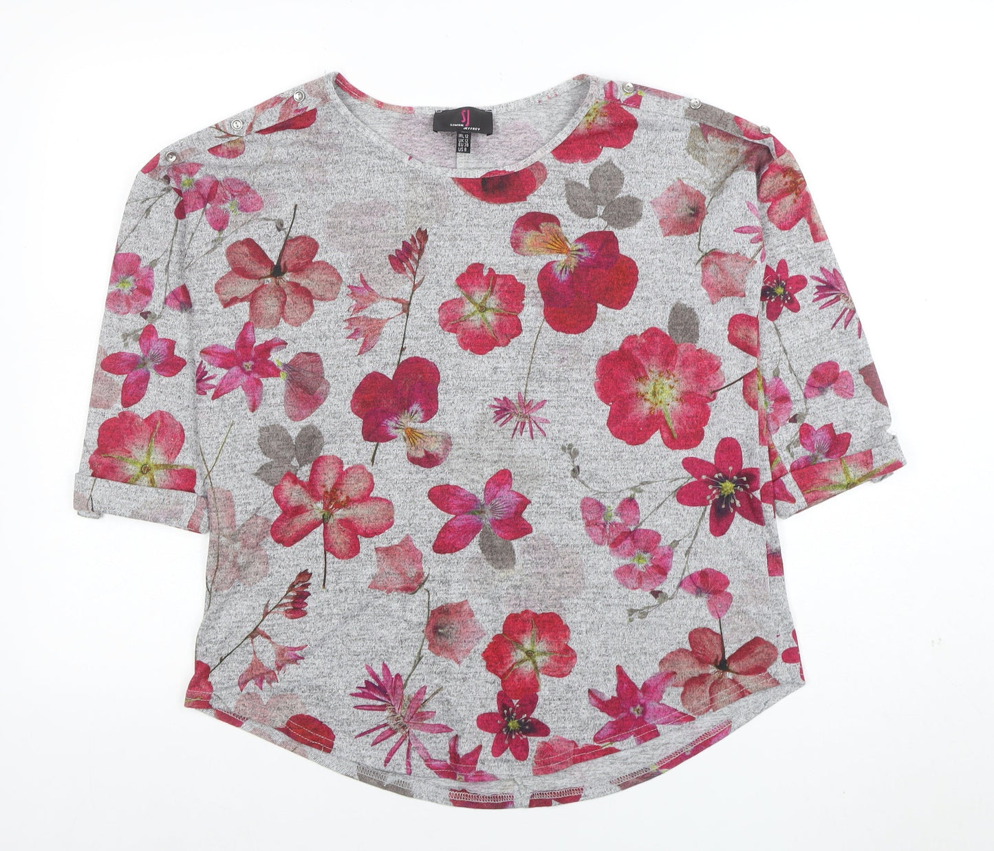 Simon Jefferay Womens Grey Floral 3/4 Sleeve Jersey T-Shirt Size 12