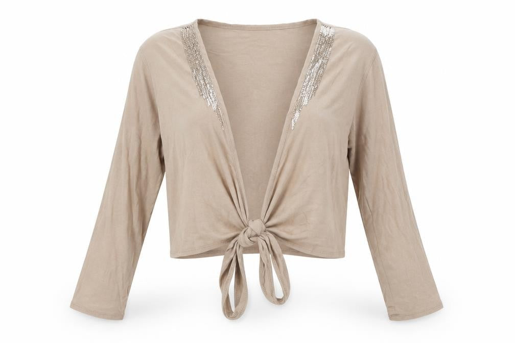 Marks and Spencer Women Beige Sequin Tie Cropped Cotton Blouse UK 14