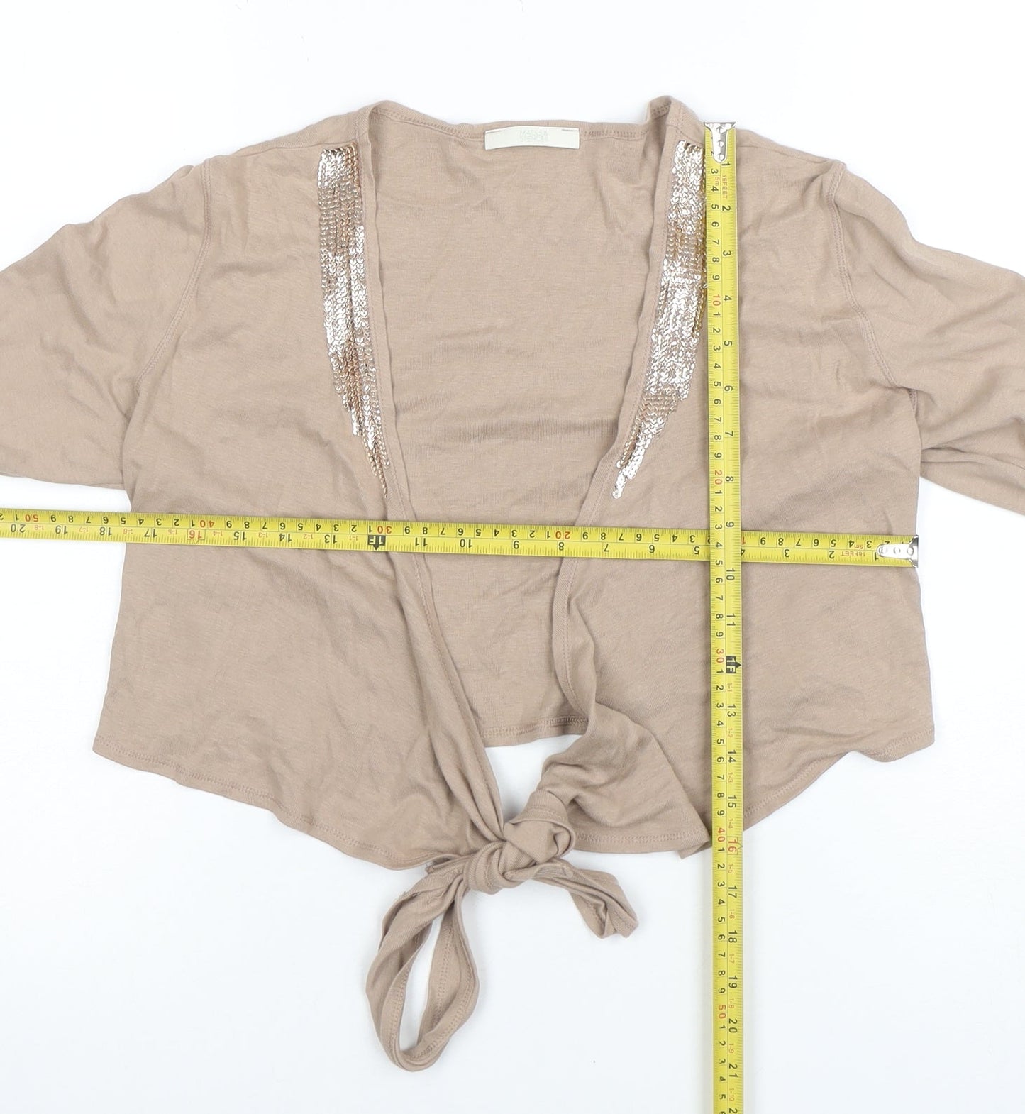 Marks and Spencer Women Beige Sequin Tie Cropped Cotton Blouse UK 14