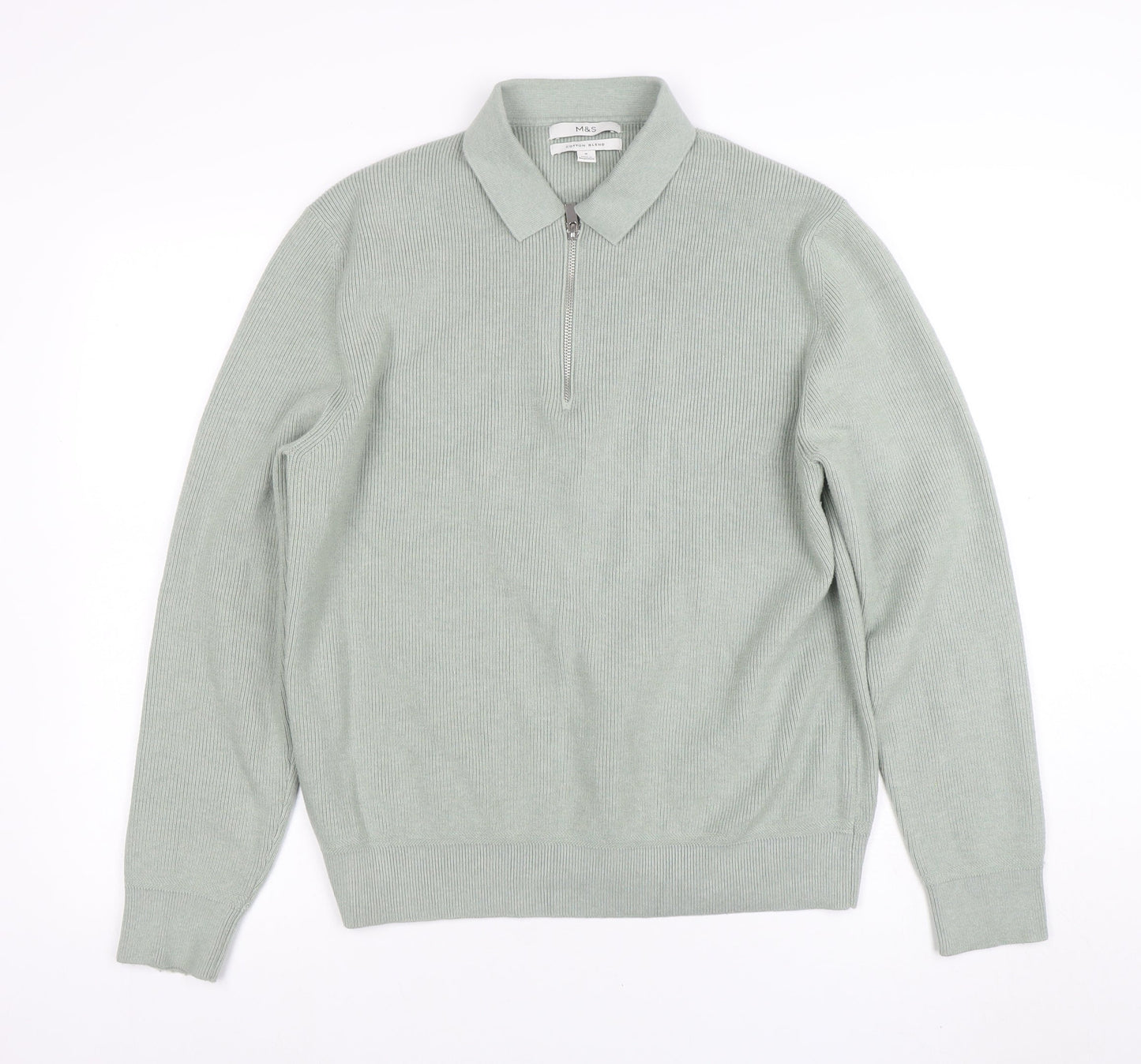 Marks and Spencer Men’s Green M Collared 1/2 Zip Cotton Blend Jumper