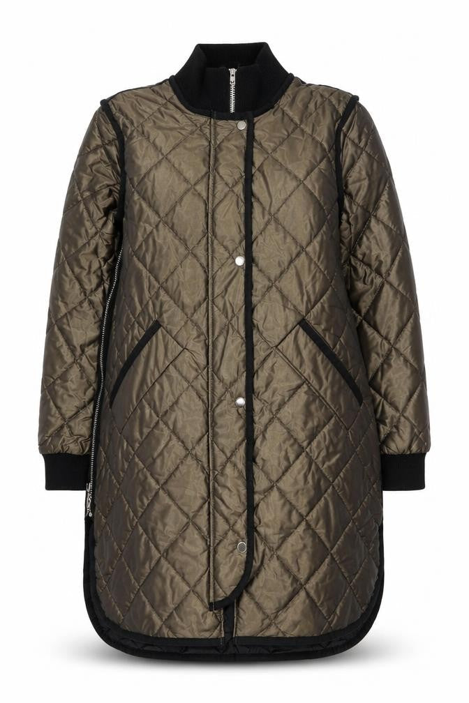 Front view of Nuage women’s brown quilted long coat, size M, winter padded jacket