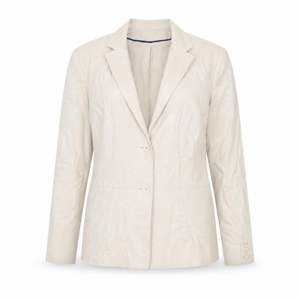 Front view of Linea Women Beige Linen Blend Single-Breasted Blazer, size 16