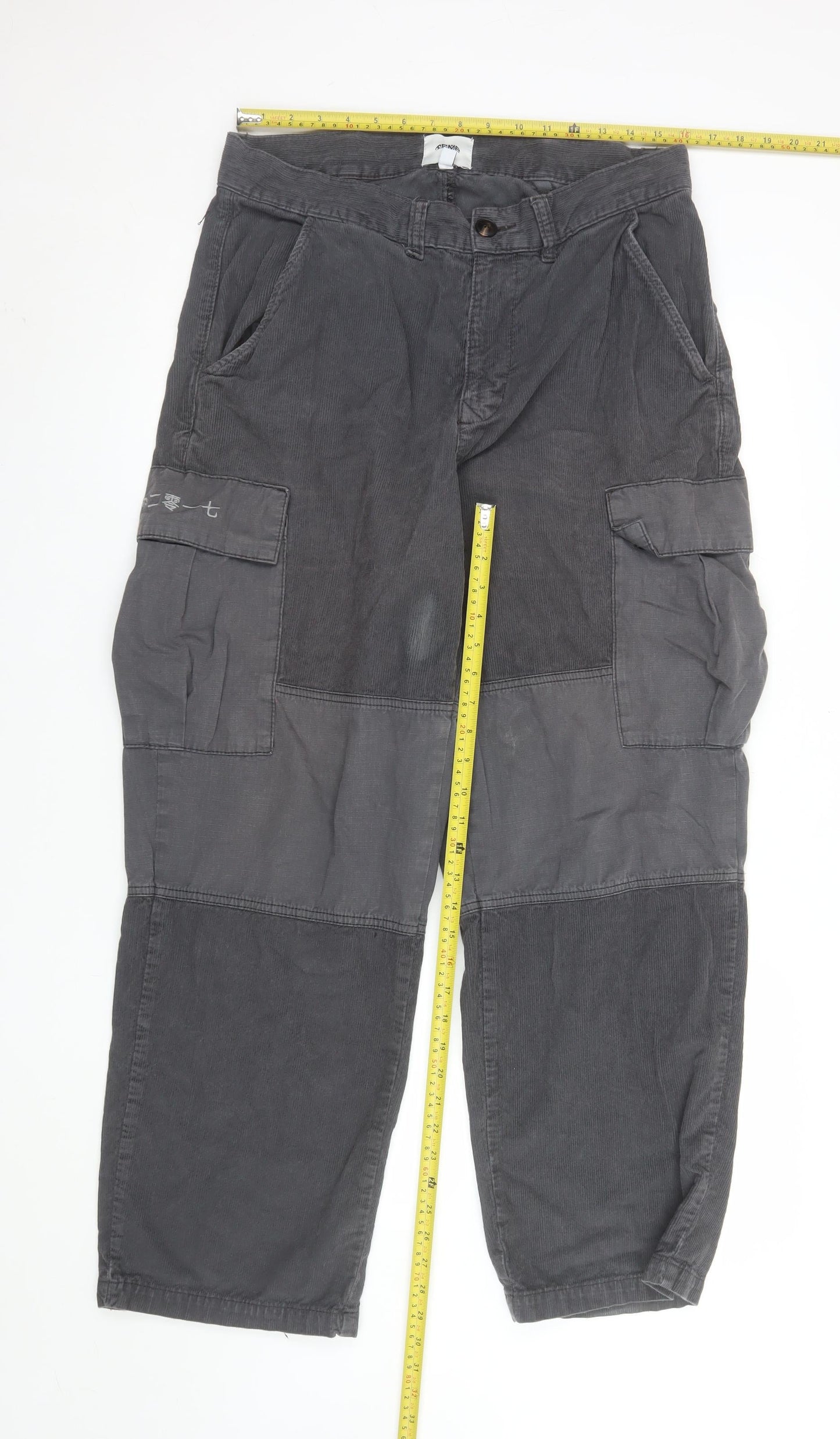 Aeme Men's Grey Cargo Corduroy Trousers M Relaxed Fit