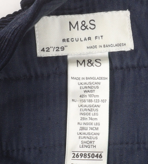 Marks and Spencer Men’s Blue Corduroy Regular Fit Trousers 42x29