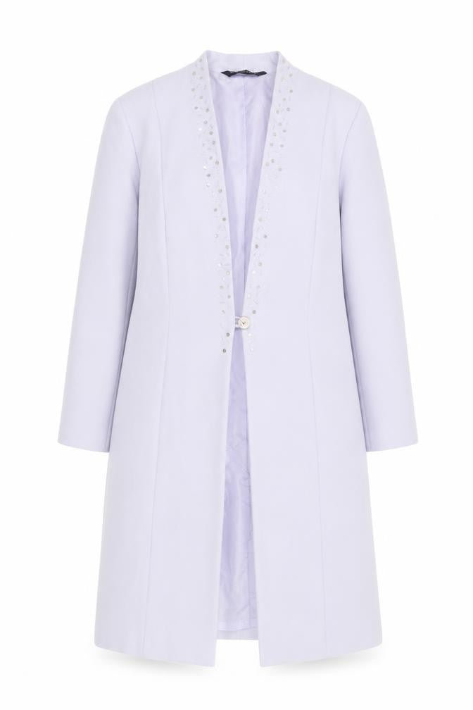 Front view of Fashion Extra Women's Purple Beaded Long Overcoat UK 18