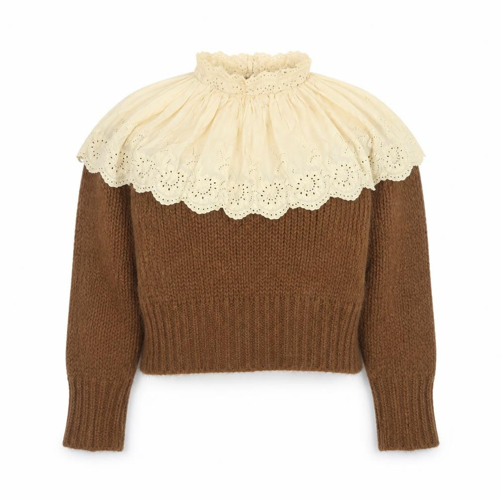 Zara Women Brown Chunky-Knit Lace High Neck Jumper Size 12