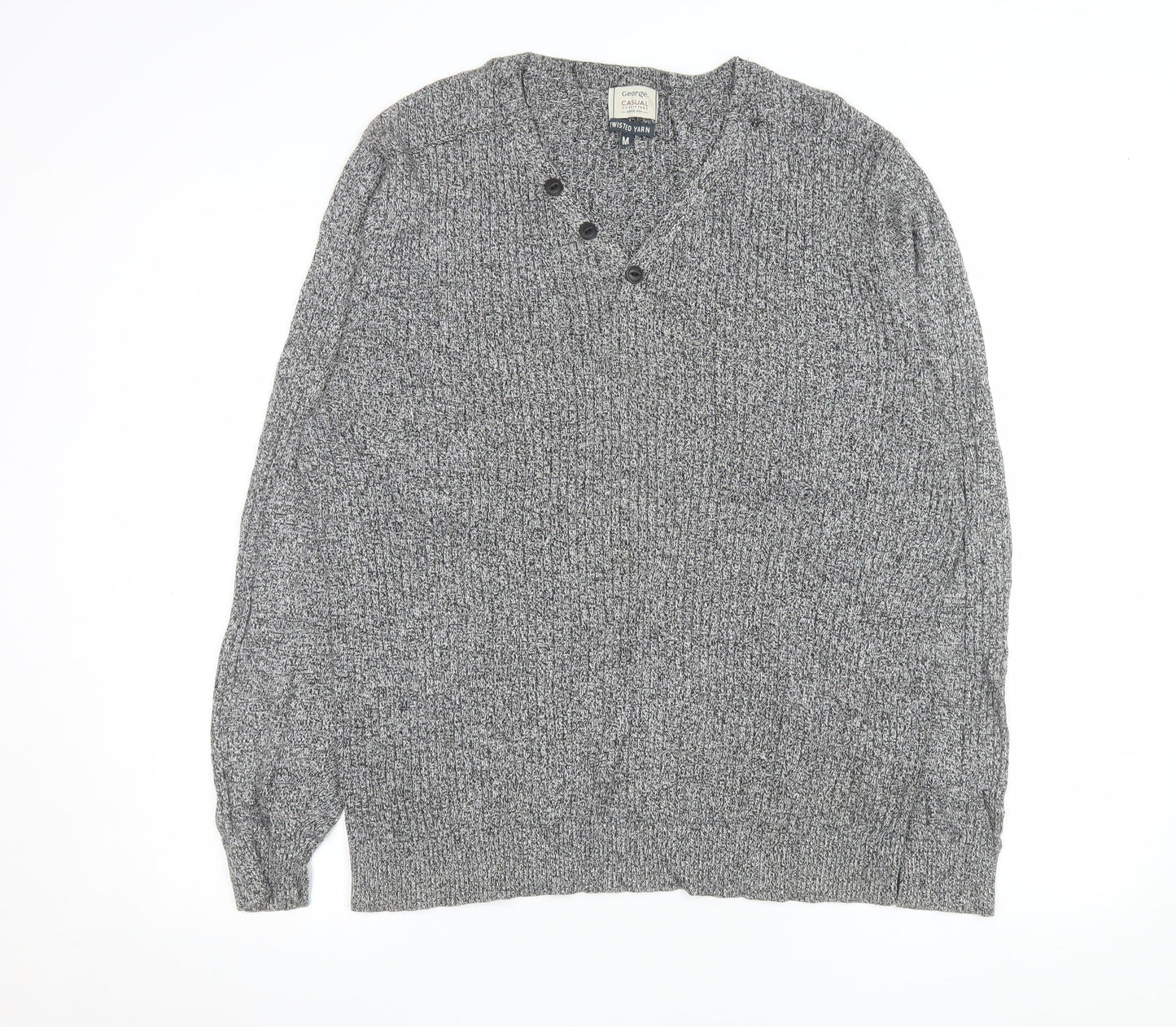 George Men’s Grey Cotton Chunky Knit V-Neck Button Pullover Jumper Medium