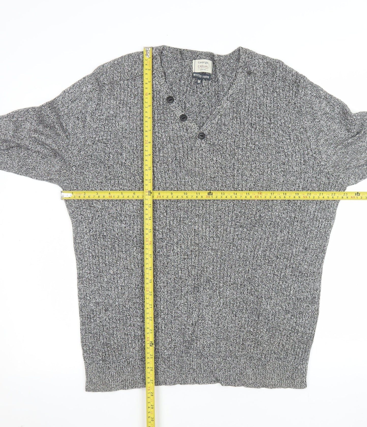 George Men’s Grey Cotton Chunky Knit V-Neck Button Pullover Jumper Medium