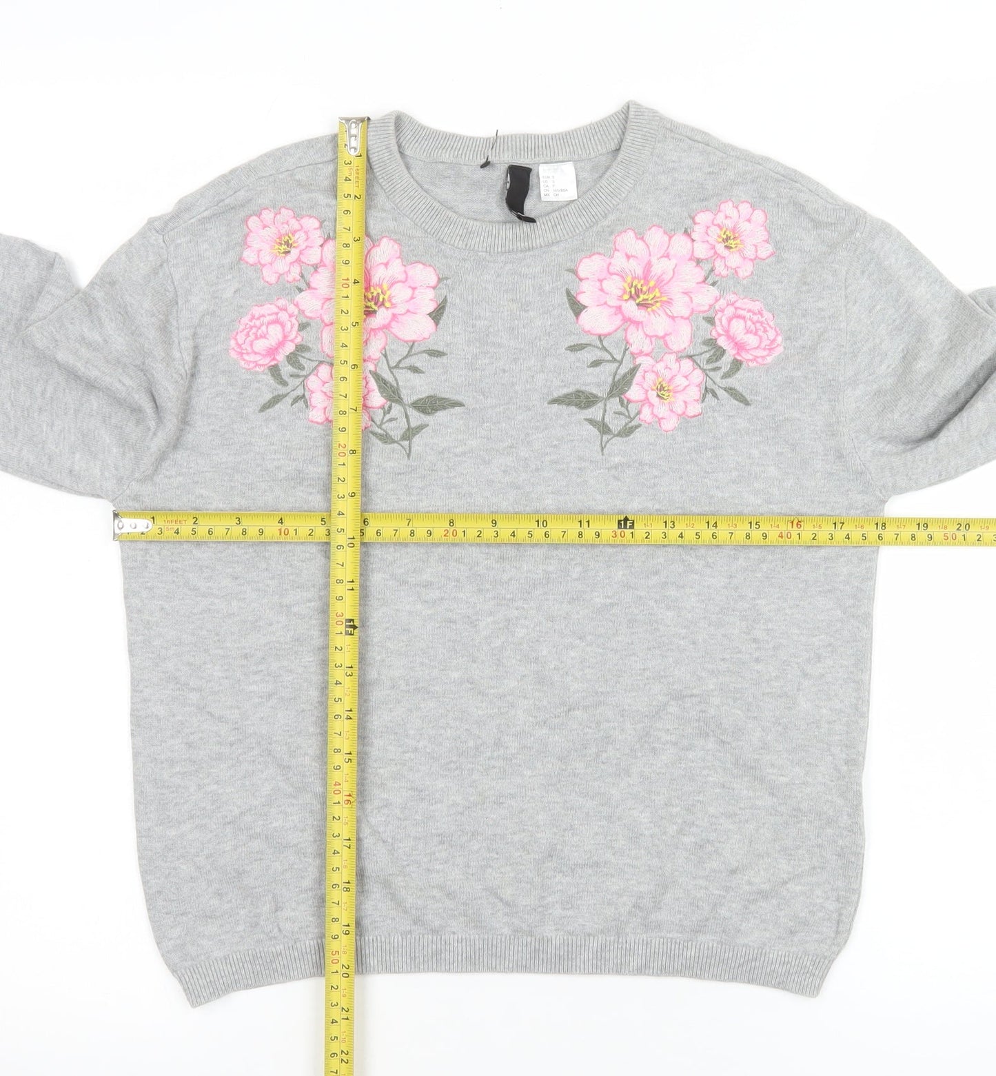 H&M Divided Women’s Grey Floral Embroidered Cotton Jumper Size S