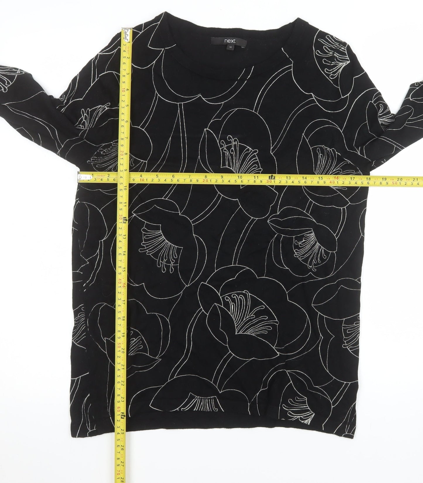 Next Womens Black Floral Pattern Jumper Size 12 Long Sleeve Knit