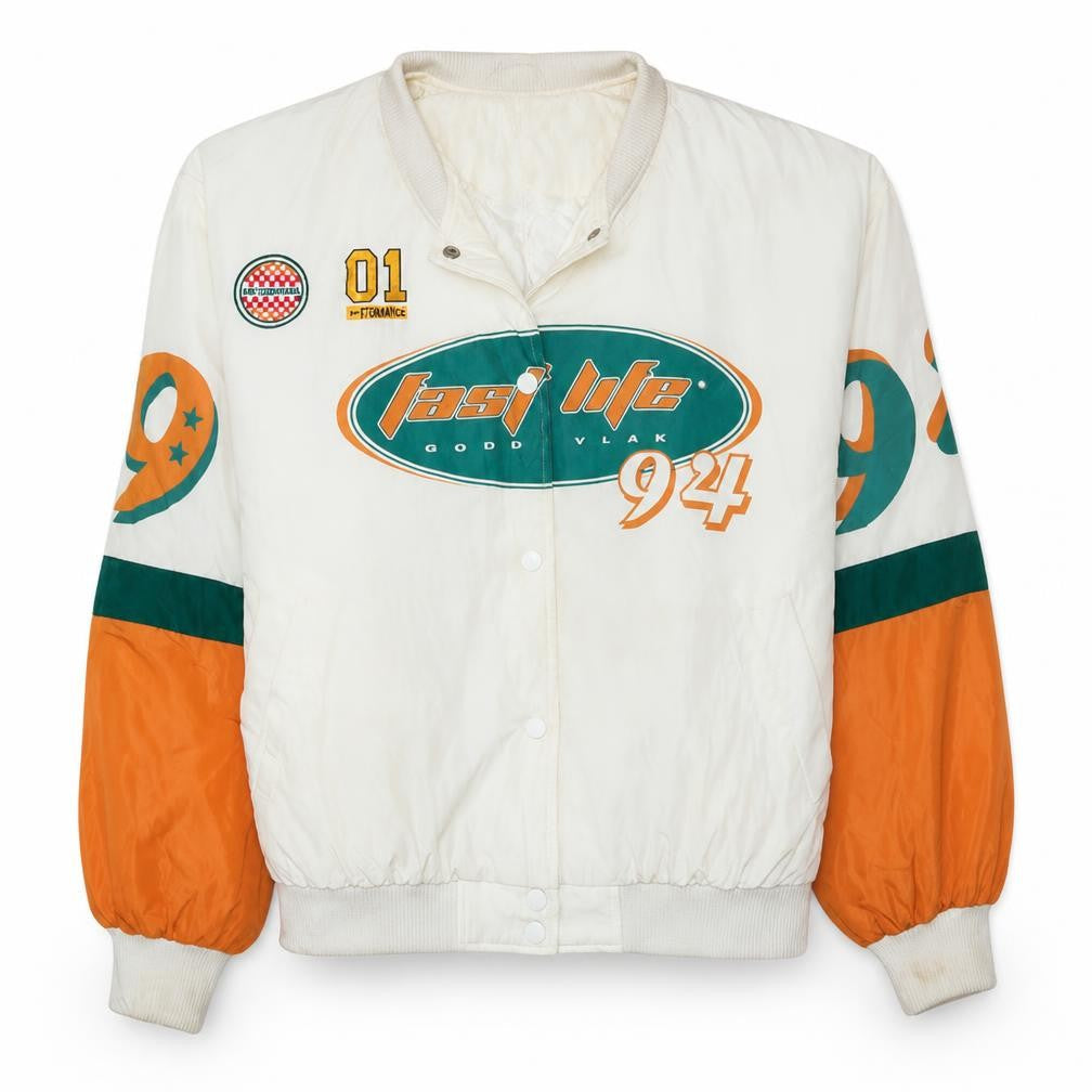 Jennyfer Women's White Racing Bomber Jacket XS Retro 90s Style