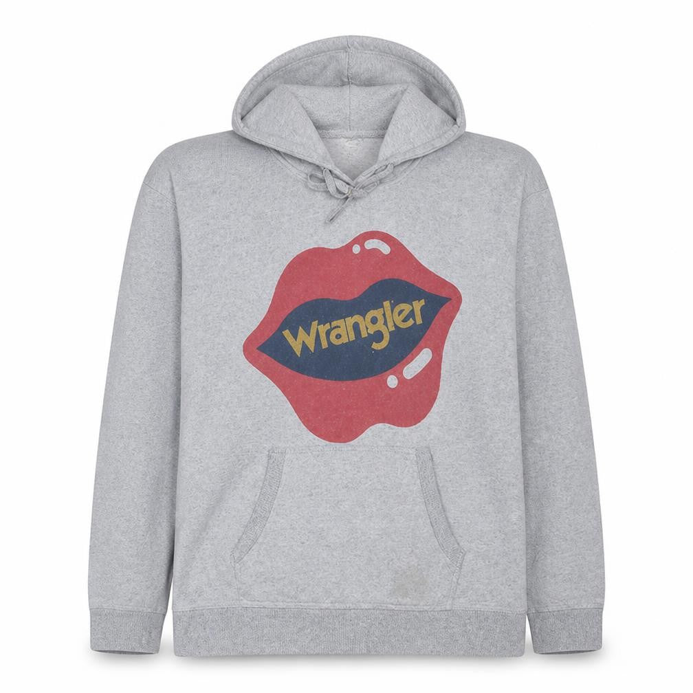 Wrangler Mens Grey Pullover Hoodie M Graphic Lips Logo Sweatshirt