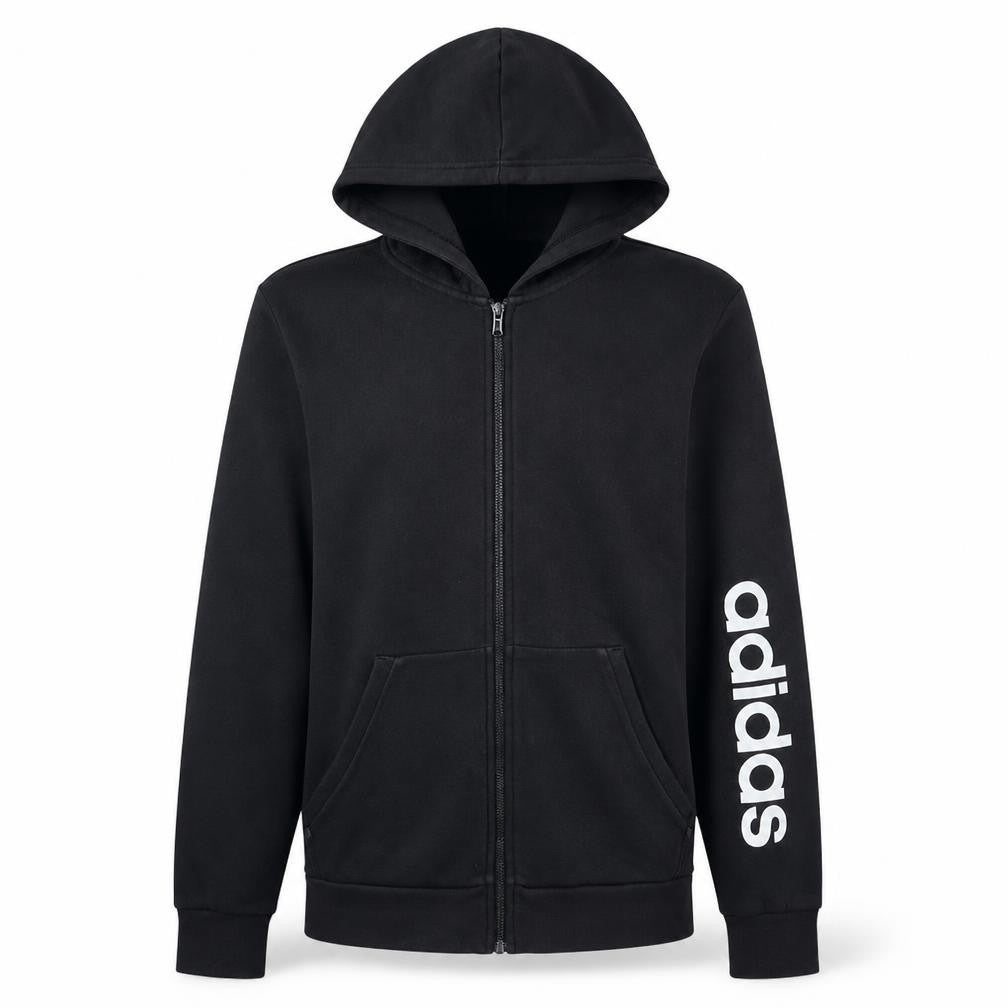 Front view of Adidas men’s black full zip hoodie, size M, sports fleece