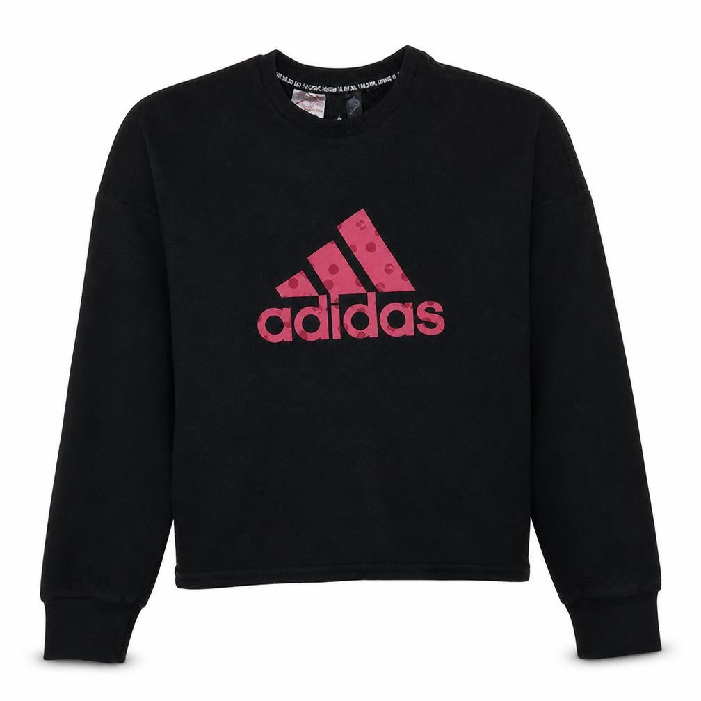 Front view of Adidas girls’ black crew neck pullover sweatshirt, size 10, years