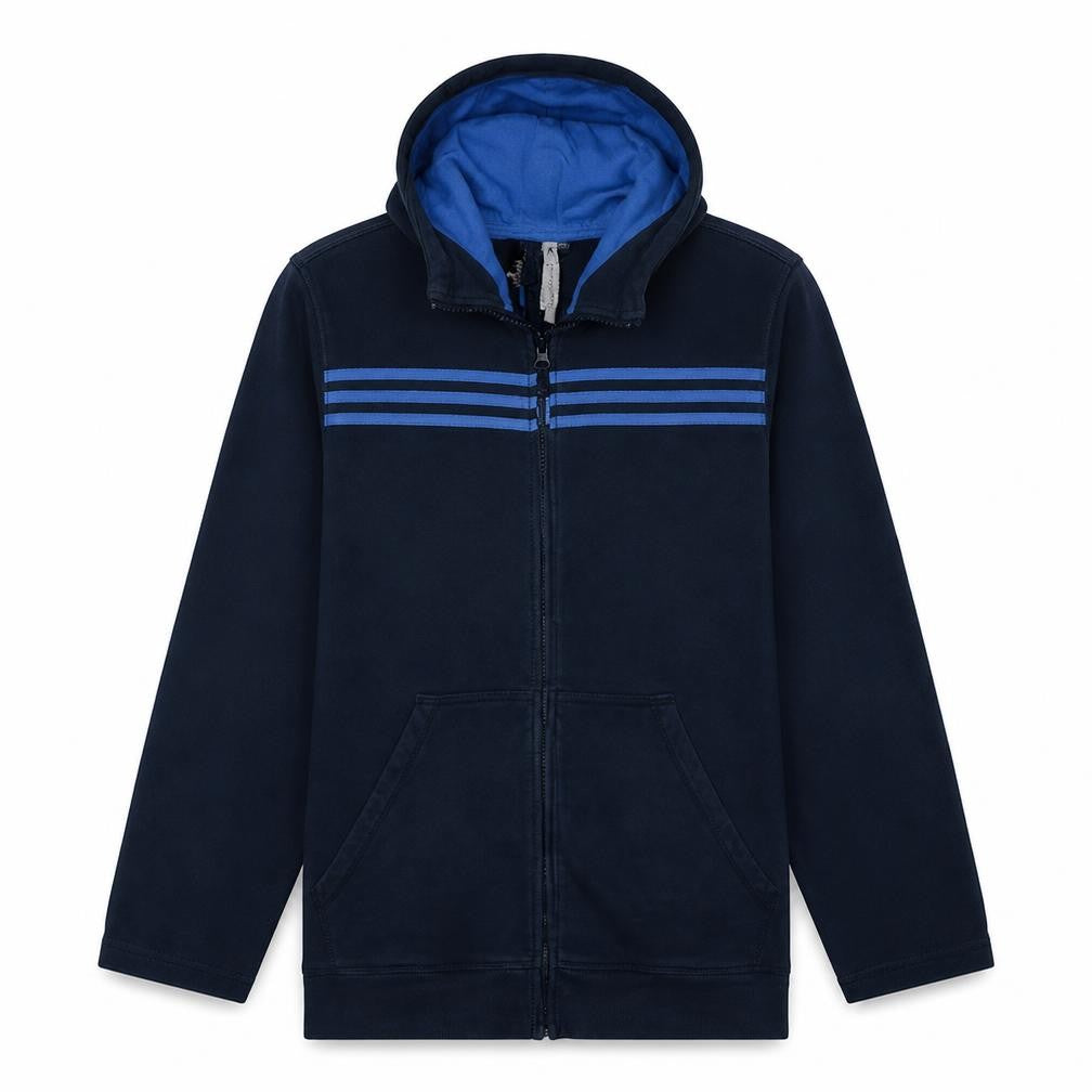 Front view of Adidas men’s blue xl full zip hoodie fleece sportswear