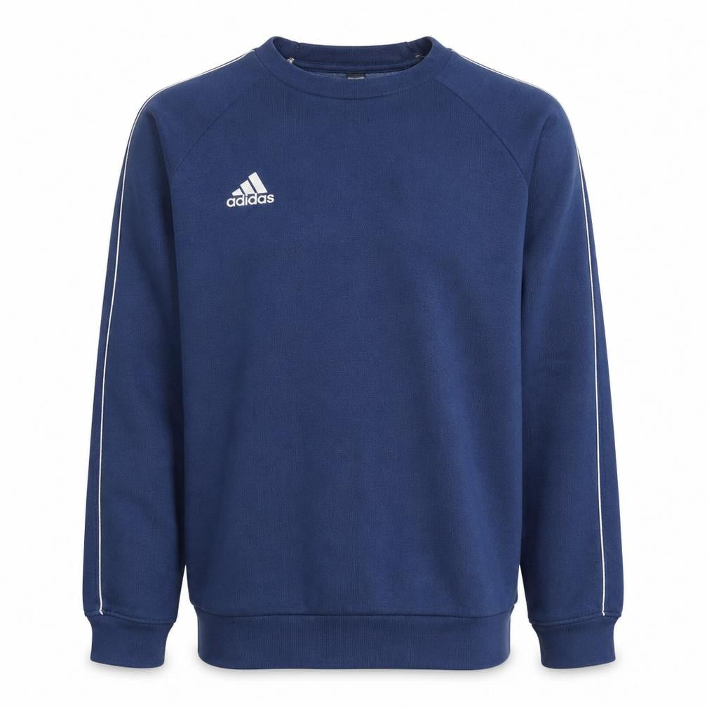 Front view of Adidas men’s blue crew neck pullover sweatshirt, size M