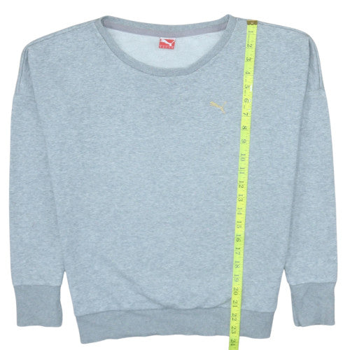 Close-up detail of Puma Women Grey Crew Neck Pullover Sweatshirt UK 12 Cotton Blend