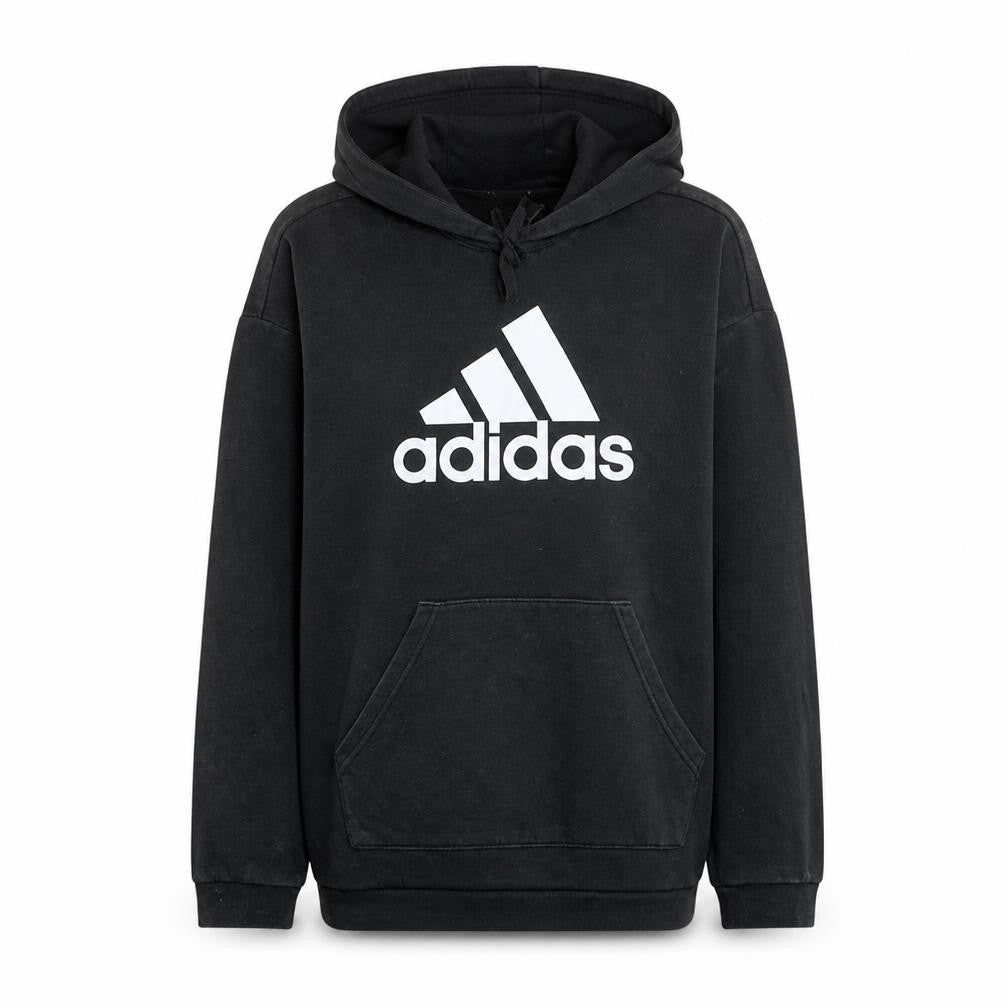 Front view of Adidas women’s black pullover hoodie, size M, 12-14 cotton logo sweatshirt
