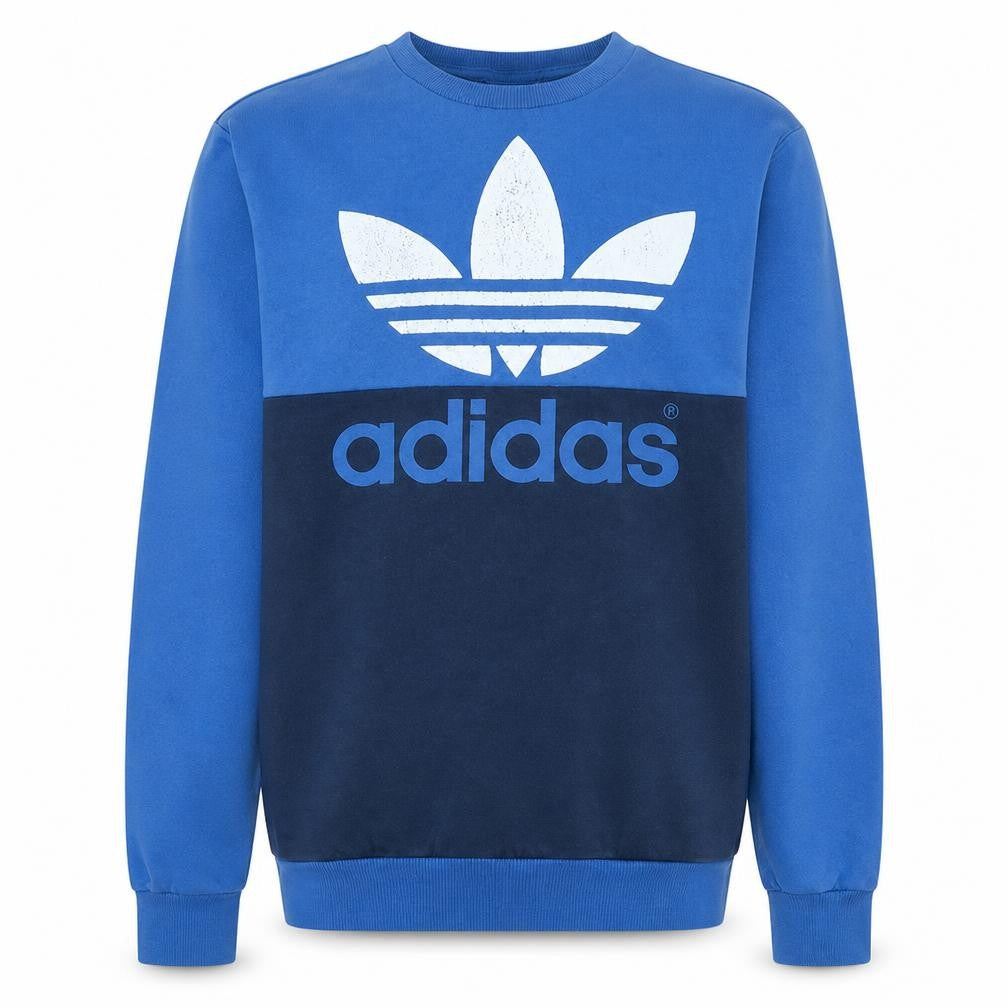 Front view of Adidas men’s blue small pullover sweatshirt crew neck logo retro style