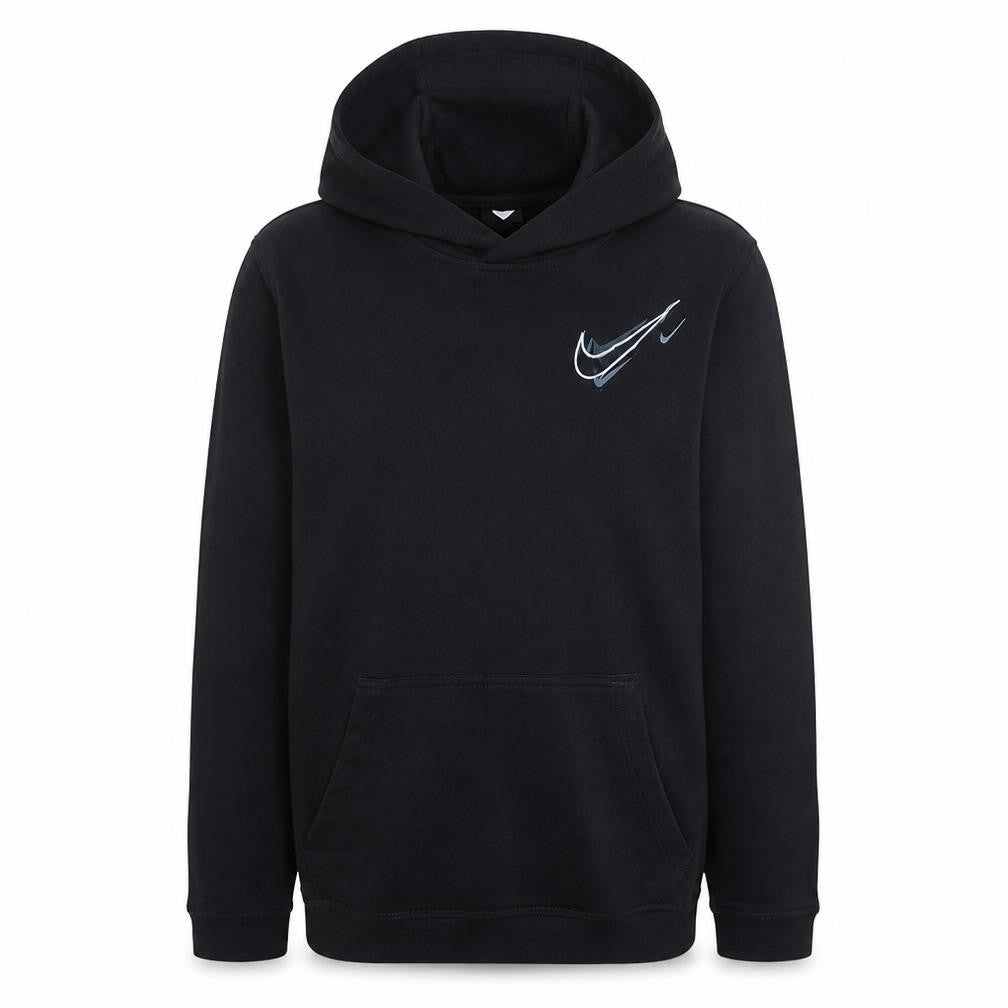 Front view of Nike boys’ black xl pullover fleece hoodie with logo print