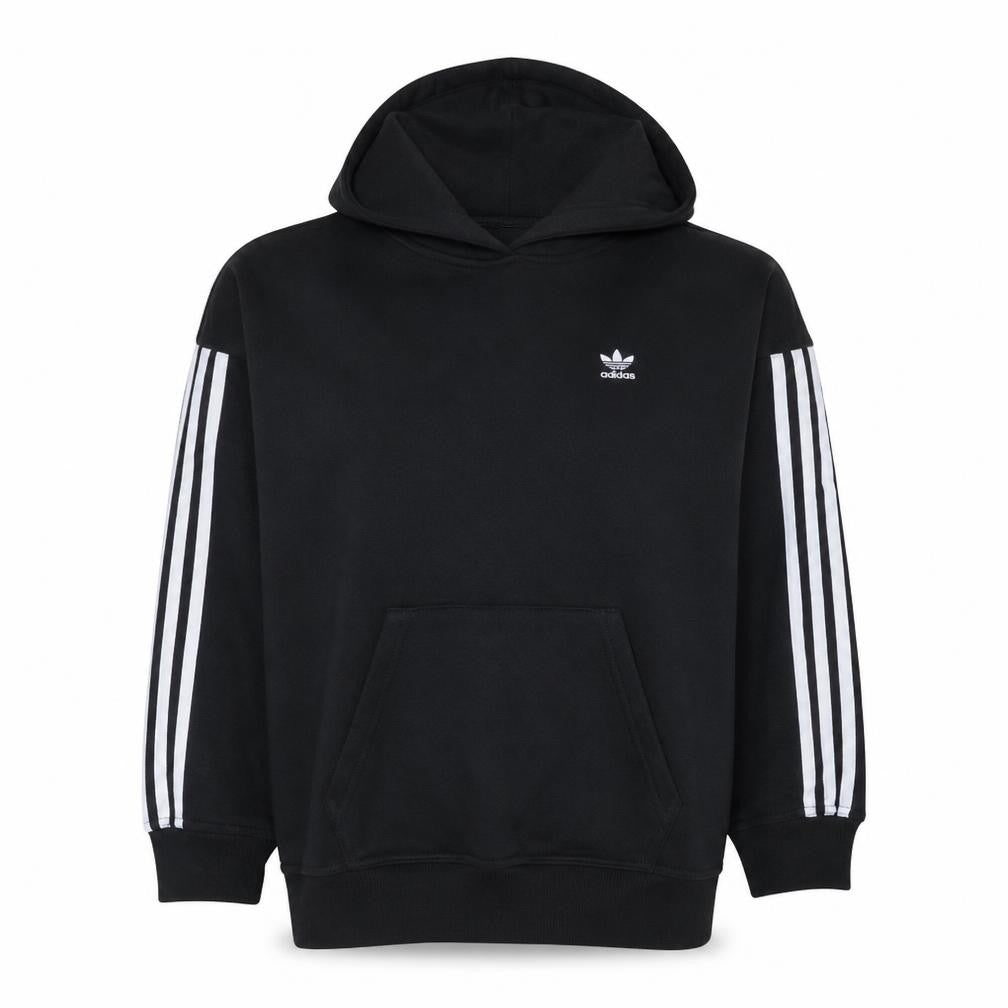 Front view of Adidas Women Black, size 10, Pullover Hoodie with Logo and Stripes