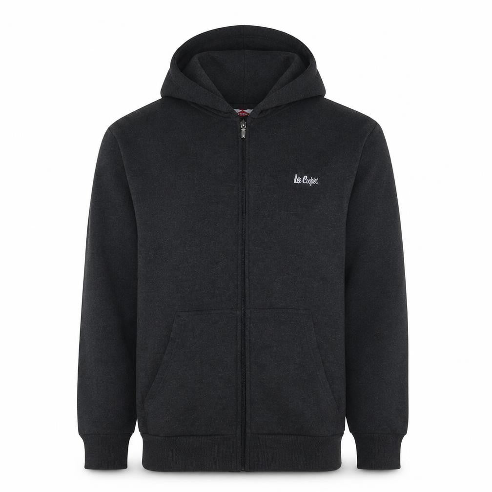 Front view of Lee Cooper men’s black full zip hoodie, size M, fleece sweatshirt