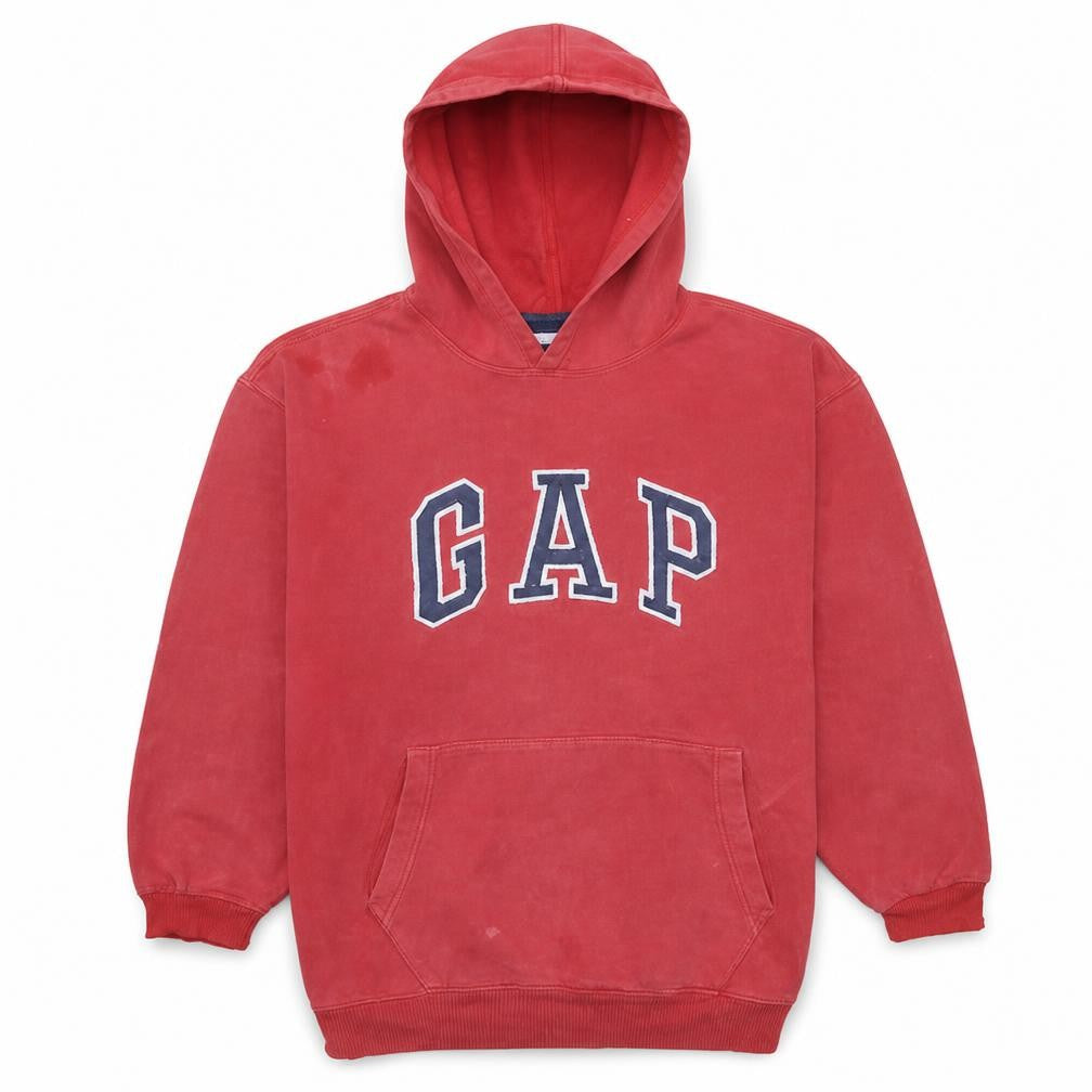 Front view of Gap boys’ red pullover hoodie sweatshirt, size M, cotton blend casual