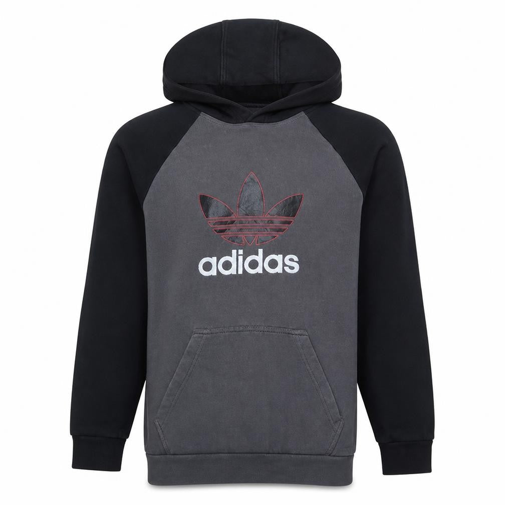 Front view of Adidas Men's Grey Pullover Hoodie Small Logo Fleece Sweatshirt