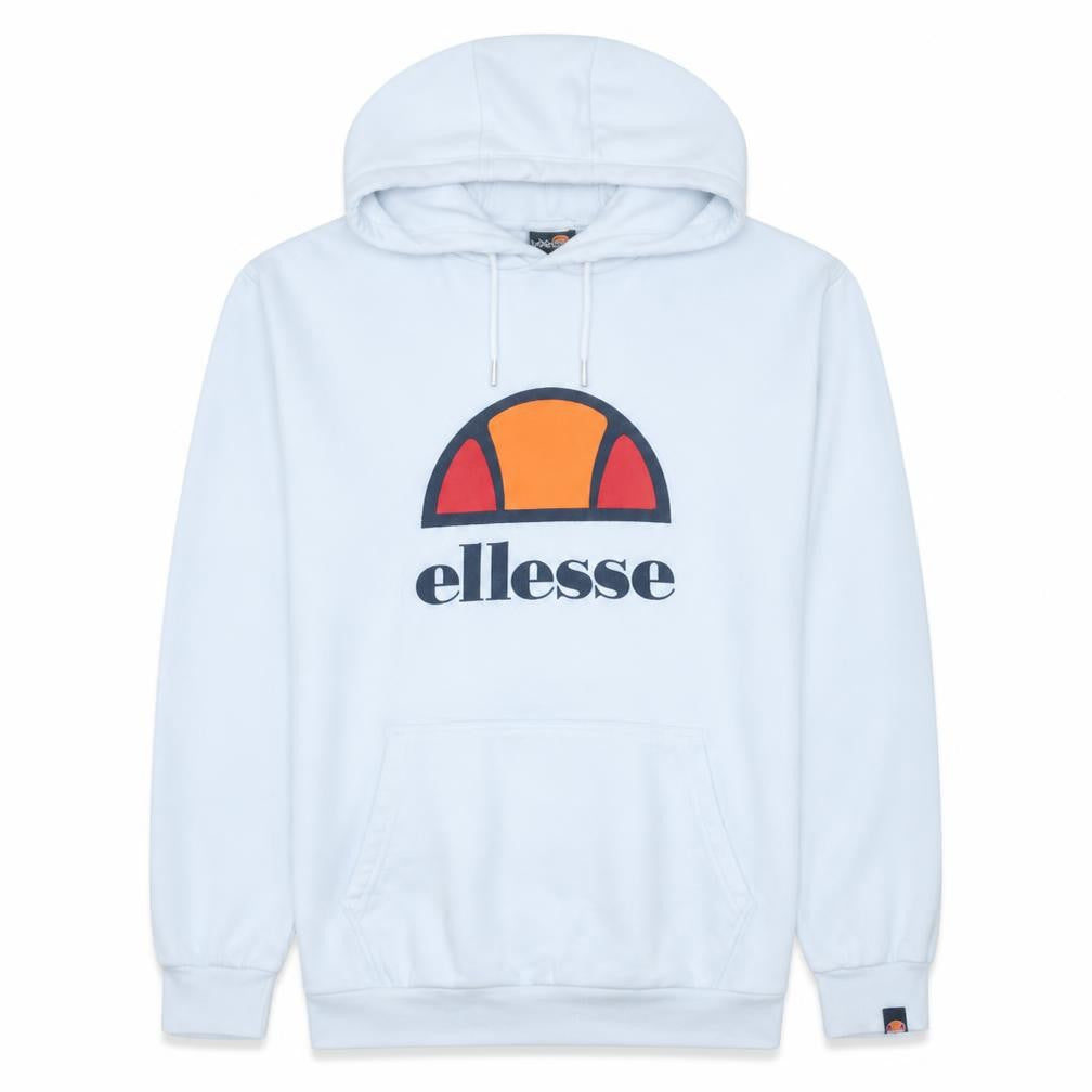 Front view of Ellesse men’s white pullover hoodie m logo fleece sweatshirt