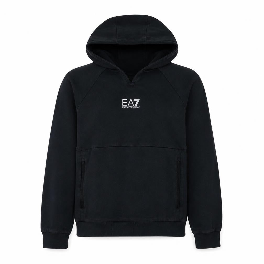 Front view of Emporio Armani EA7 Men's Black Pullover Hoodie, size L, Fleece Logo