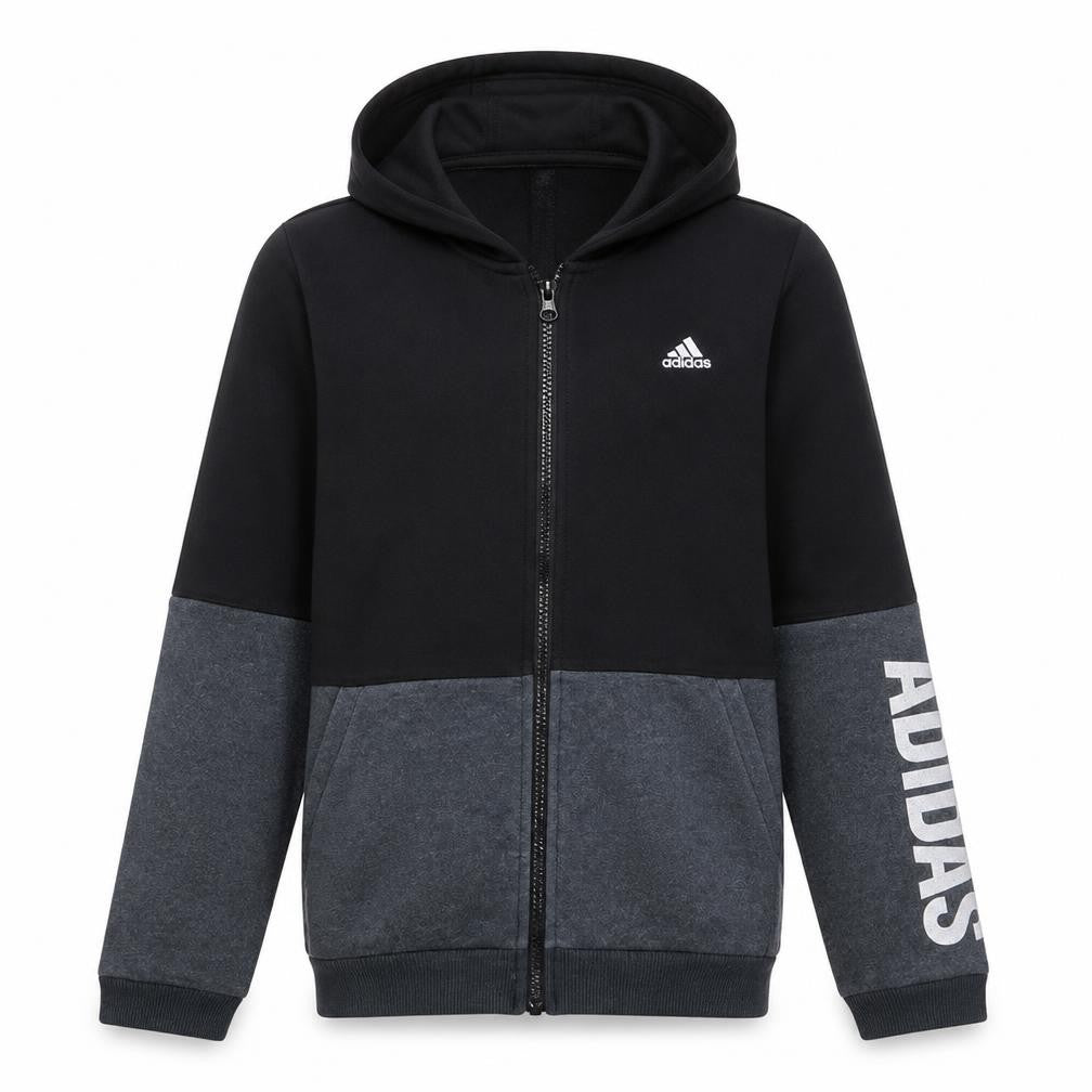 Front view of Adidas boys’ black and grey full zip hoodie -, size 13-14, years