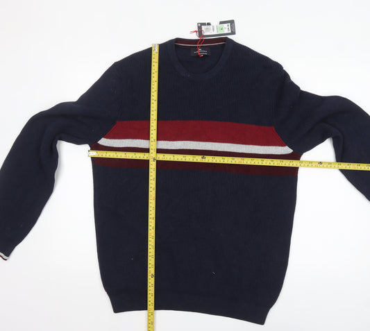 Marks and Spencer Men's Blue XL Cotton Blend Striped Crew Neck Jumper