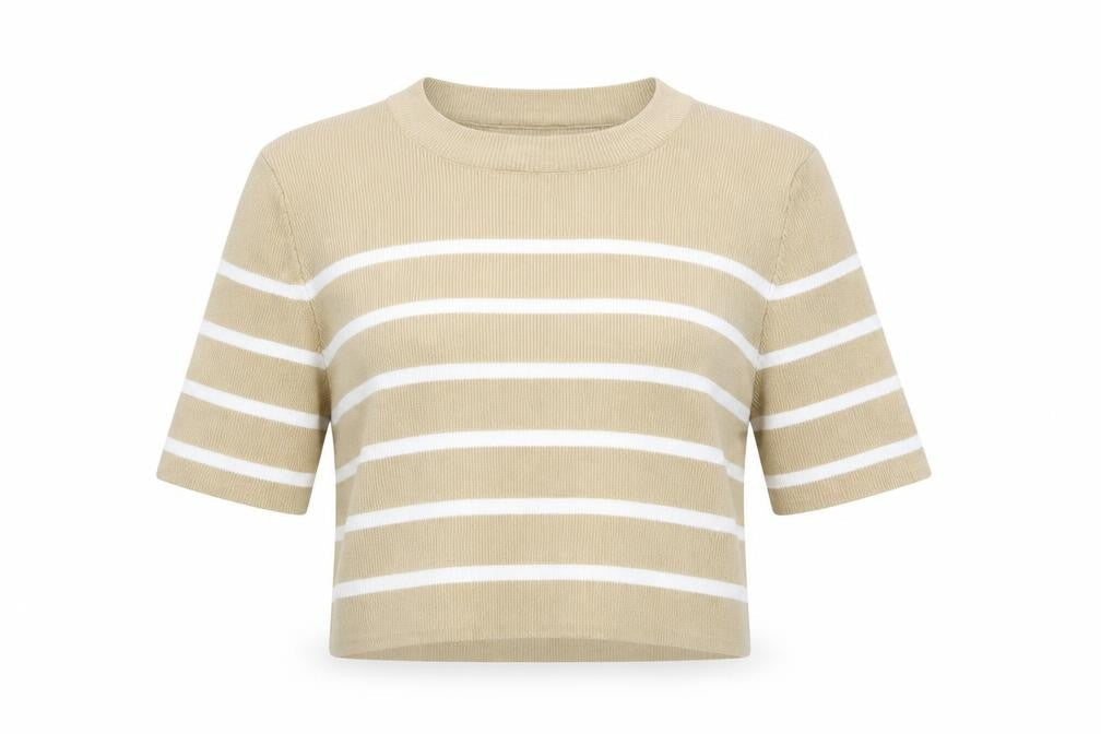 Brave Soul Women Beige Striped Cropped Knit T-Shirt Size M