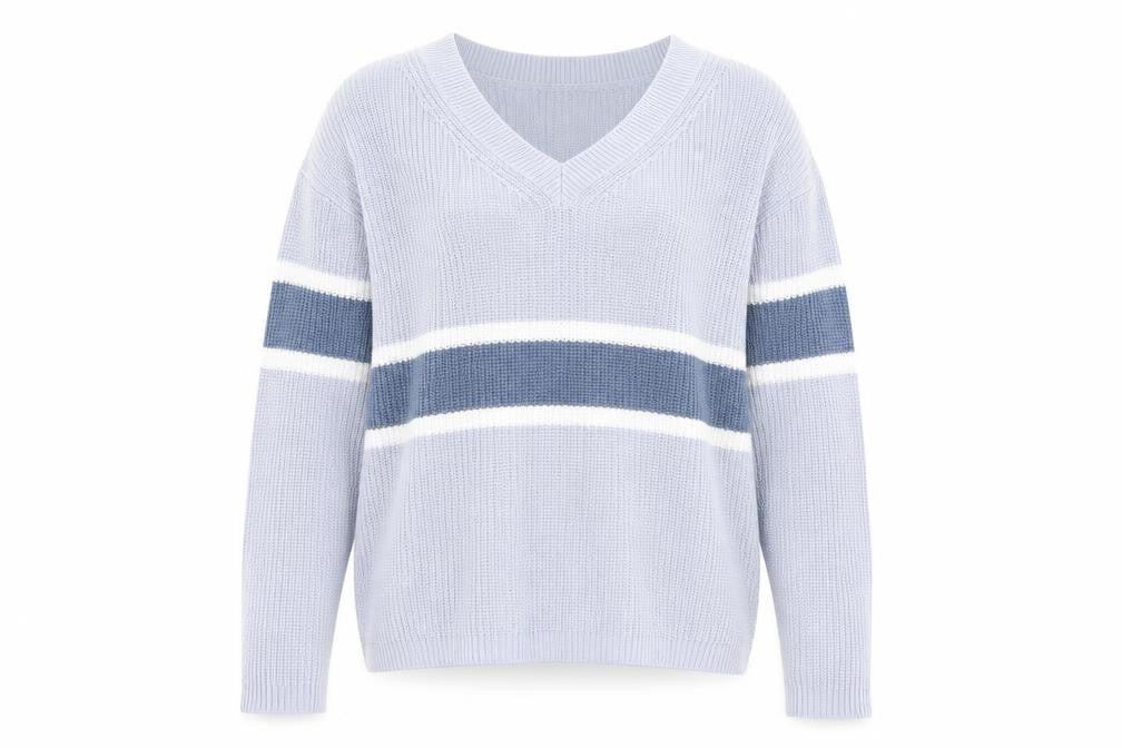 MNG Women Blue Striped V-Neck Cotton Knit Jumper Size M