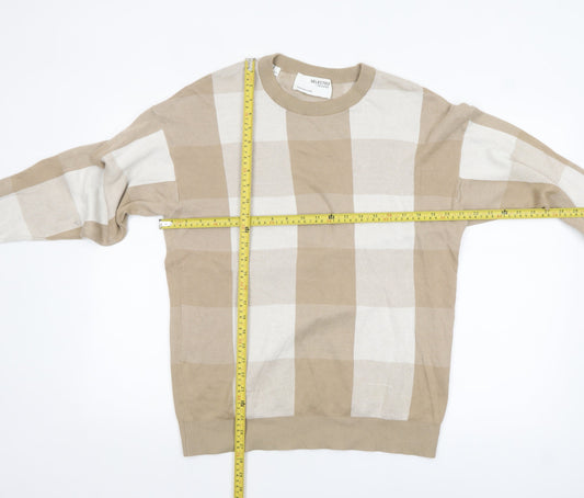 SELECTED HOMME Men Beige Check Cotton Crew Neck Jumper M