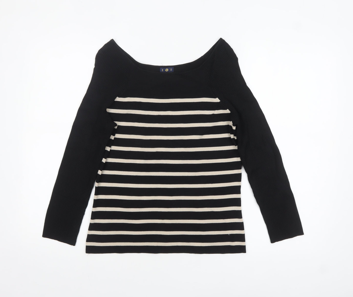 I W I Womens Black Striped Boat Neck Long Sleeve Pullover Jumper M