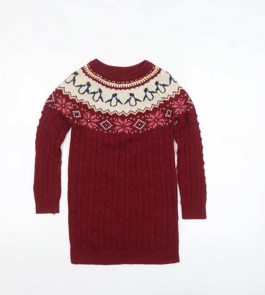 FatFace Girls Red Penguin Fair Isle Knit Jumper Dress Size 6-7 Years Winter